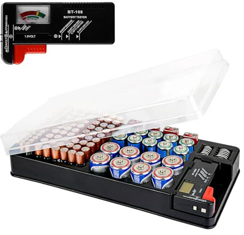 Linkidea Battery Organizer Storage Case with Tester, Holds 93 Batteries of Multiple Sizes, Compatible with AAA, AA, 9V, C, D, and Button Cell Batteries, Portable Battery Holder (Black)