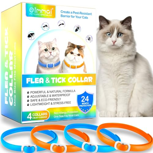 Collier Anti Puces pour Chat, Collier Anti-puces et Anti-tiques pour Chat, Protection Efficace de 24 Mois (Orange et Bleu, 4PCS)