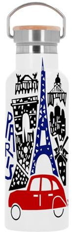 Bouteille Inox Gourde Thermo Isotherme - Paris Dessin Tour Eiffel Arc de Triomphe Voiture Vintage - 500 ml (17 oz)