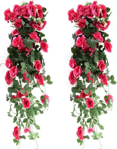 JOZMMZEOOA 2 Pièces Rose Artificielle Guirlande 90CM Fleurs Artificielles Deco Mariage Vigne Roses Suspendue Artificielles Guirlande Mur Fleurs Artificielles,pour Mariage Fête Jardinmaison (Rouge)