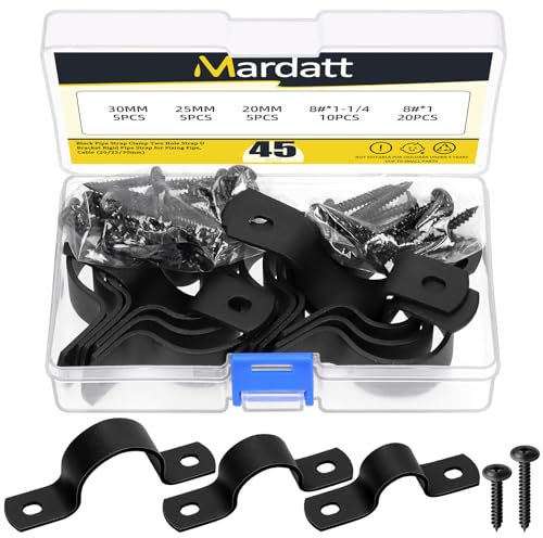 Mardatt 15 Set Two Hole Pipe Strap Clamp, 20mm(3/4”), 25mm(1”), 30mm(1-3/16”) Rigid U Bracket Clamps U-Tube Strap Clamp Conduit Clamps with Self-Tapping Screws for Pipe Fixing, Black