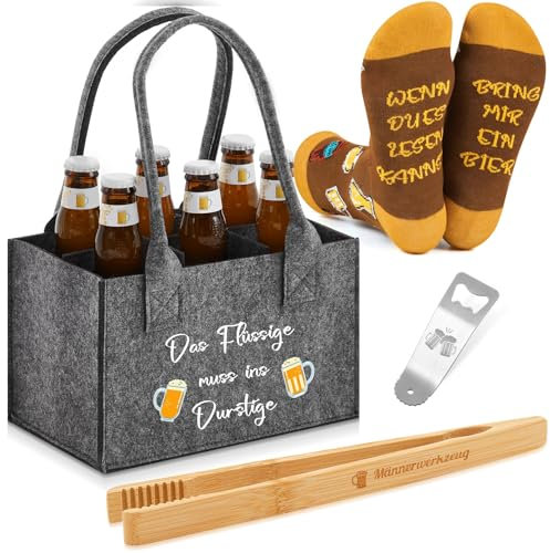 SATINIOR 4 Stück Bier Tasche Männer Geburtstag Geschenk Männerhandtasche Filz Flaschentasche 24 cm 6 Fächern Lustig Biersocken Flaschenöffner Grillzange Vatertag(Das Flüssige muss ins Durstige)