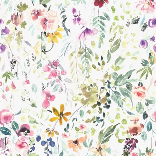 VEELIKE Carta da Parati Floreale Acquerello Carta da Parati Foglie Verde 44,5 cm x 300 cm Adesivi Murali Fiori Bianchi Fotomurale da Parete Camera da Letto Soggiorno Corridoio Bagno Impermeabile
