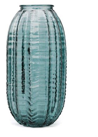 Vase à fleurs en verre vert en forme de cylindre unique de 24,9 cm de haut, design simple à rayures pour décoration d'intérieur, centres de table, mariage, table à manger, arrangement.