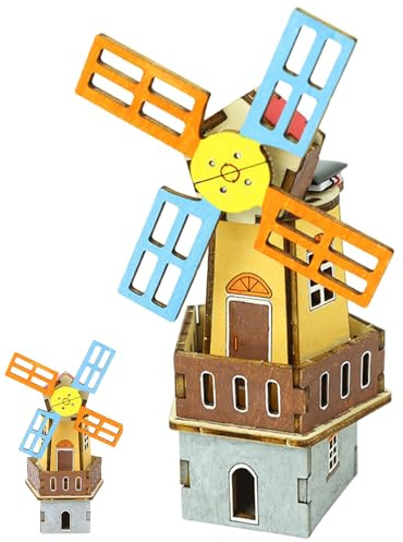 3D Wood Puzzle Solar Powered Rotating Windmill Wooden Puzzles Scientific Paintable Wooden Houses for Crafts for Children Kids DIY Puzzle 3D Wood Puzzles