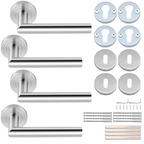 TAICHEUT 4PCS Polished Stainless Steel Liberty Lever on Rose Door Handles, T-bar Lever Latch Handle for Internal Doors - Home and Office Use