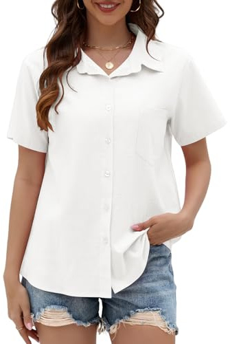 Yuson Girl Women's Blouse Summer - Linen Short Sleeve Button Down Shirt V Neck Loose Fit Tops Elegant Office Business Casual Blouses & T-Shirts for Ladies