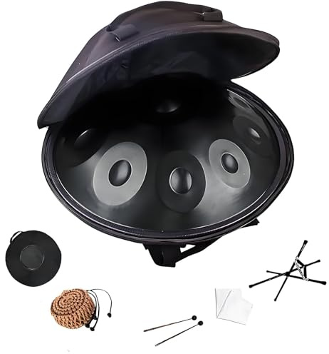 Handpan Drum 22 Zoll 9/10/12 Note für Anfänger Hand Pan Drum für Meditation Steel Handpan Instrument 440/432HZ D Minor für Klangheilung mit Soft Bag Mallets Ständer(Schwarz,432hz 9 Notes)