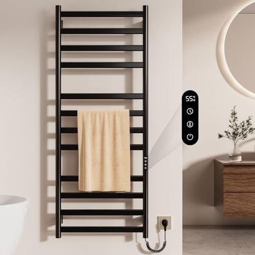 Scaldasalviette Elettrico Bagno, 52 x 130cm Termoarredo Elettrico Bagno, 360W Scaldasalviette Elettrico da Parete con LED Touch Screen, 0-9h Timer e 30-70℃ Temperatura, IPX4, Nero