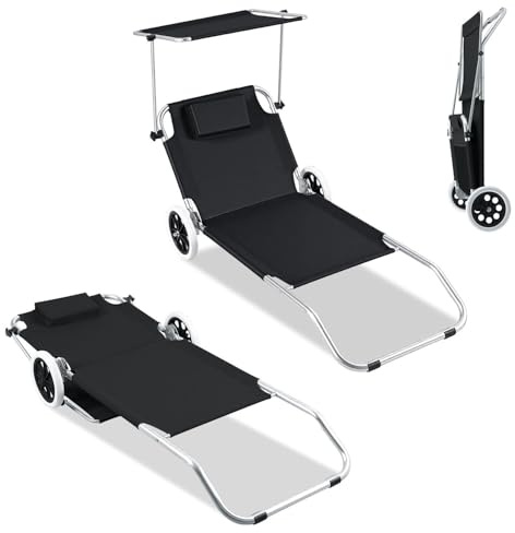 Ollewiellan 2-in-1 Strandliege mit Rädern Sonnendach, Aluminium Strandliege Klappbar Leicht bis 100kg, Rostfreie Rollliege verstellbar, Outdoor Liegestuhl Transporthilfe für Strand, Schwarz