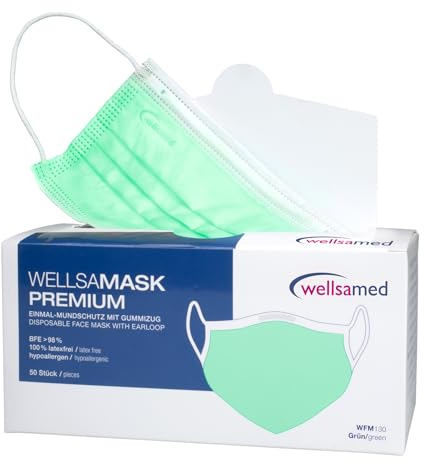 Wellsamed Wellsamask 50 Stück medizinischer Mundschutz Type IIR mit Gummizug, einfarbig Mintgrün Grün