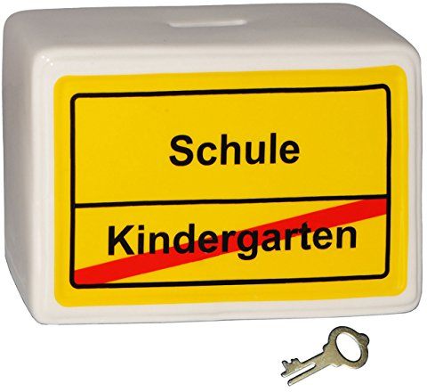 alles-meine.de GmbH große Spardose - Ortsschild - Schule/Kindergarten - mit Schlüssel und Schloss - stabile Sparbüchse aus Porzellan/Keramik - Sparschwein - Schulanfang -..