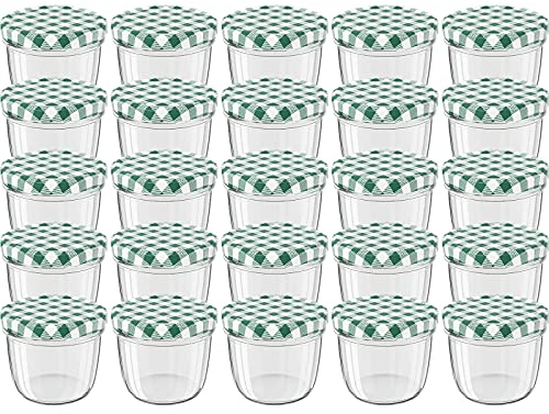 WELLGRO 25x Einmachgläser mit Schraubdeckel - 230 ml, 8,5 x 6,5 cm (ØxH), Glas/Metall, grün karierte Deckel To 82, Gläser Made in Germany, verschiedene Mengen wählbar, Stückzahl:25 Stück