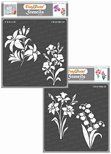Wiederverwendbare Blumenschablonen von CrafTreat zum Bemalen von Boden, Wänden und Fliesen – Lilie und Iris sowie Narzisse und Glockenblume – 2 Stück – 15,2 x 15,2 cm – DIY-Kunst- und Bastelschablonen