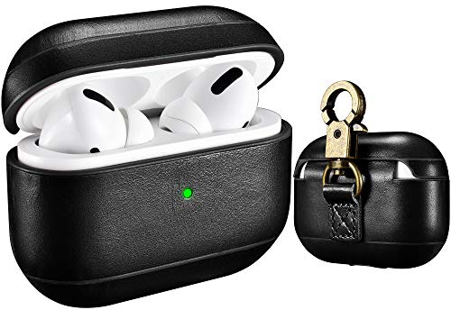 AirPods Pro Ledertasche Hülle, ICARER Echt Leder Vintage Tasche Stoßfeste Schutzhülle Lightweight Case Schlüsselbund für Apple AirPods Pro 2019 (LED an der Frontseite Nicht Sichtbar) (Schwarz)
