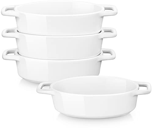LOVECASA Fuente para Horno Pastelería, Juego de 4 Piezas 210ML Ovalada Mini Moldes para Hornear de Porcelana Esmaltados para Tartas, Postre, Lasaña, Pastel, Soufflé, Blanco