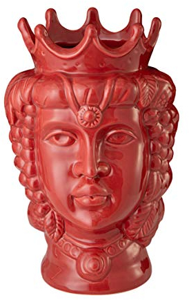Baroni Home Cabeza de moro de cerámica de estilo siciliano pintado a mano, maceta monocromática para plantas de interior, adorno de diseño, estilo italiano, reina roja, 18 x 22 x 31 cm