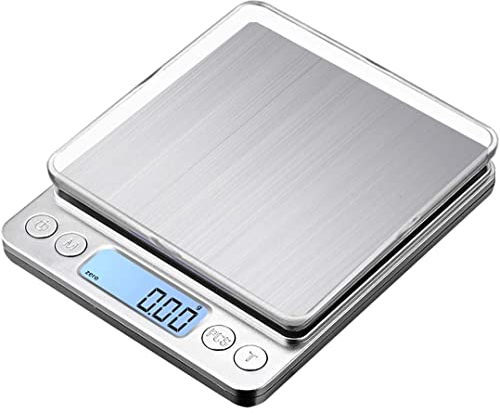3000g Digitale Küchenwaage, Briefwaage, Haushaltswaage, Feinwaage mit Tare-Funktion 3000 x 0,1g mit LCD-Display Edelstahl Plattform zum Messen von Lebensmittel Schmuck, silber