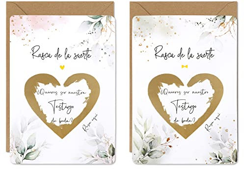 2pcs tarjeta de Rascar testigo + 2pcs Sobre Kraft + 2pcs Pegatina Corazon tarjeta Invitacion de Boda Felicitacion Aniversario Peticion de testigos Anuncio Boda de Regalo