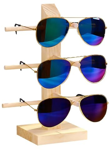 HERCHR Holz Brillenständer für 3 Brillen, Sonnenbrillen‑Organizer | Holz, Rutschfeste Rillen Verhindern Abrutschen, Für Bis Zu Drei Brillen, Platzsparend Auf Dem Tisch