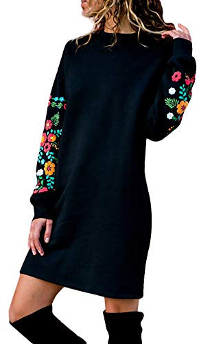AMhomely Women's XL Black Floral Embroidery Maxi Dress, V-Neck, High Waist, Long Sleeve, Size 16