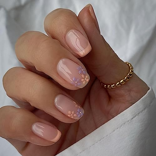 24PCS Short False Nails With Glue Stickers, Coffin Full Cover Acrylic Press-On, Yellow Purple Flower French Fake Stick-On for Women and Girls Nail Art