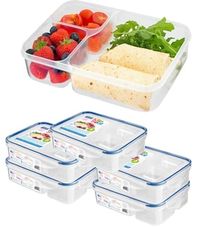 HOMESHOPA Plastic 5 Pack Airtight Compartments Containers with Clip Lock Lids, Food Storage Meal Prep Lunch Box for Kids Adults, Clear Reusable Leak Proof BPA Free Microwave Freezer & Dishwasher Safe