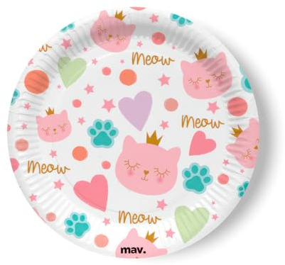 maverick platos para fiestas con gatitos rosas y corazoncitos platos grandes para fiestas y cumpleaños niños y adultos con gatos rosas y formas. 8 piezas, diámetro 22,7 cm. Made in Europe