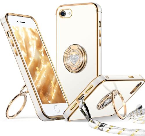 XYZ für iPhone 7/8/SE 2022/SE 2020 Hülle mit Band, Herz Doppelring Ständer HandyHülle Handykette Frauen Mädchen Dünn Stoßfeste Anti-Kratzt SchutzHülle für iPhone iPhone 7/8 Case, Weiß