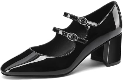 MIRAAZZURRA Damen Pumps Blockabsatz Mary Jane Pump Schuhe Elegant Knöchelriemchen Heel Runde Zehe Lackschuhe mit Schnalle Schwarz 36