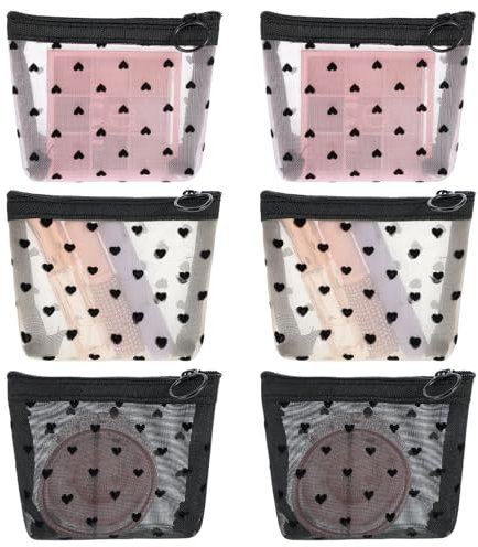 Dimeho Mesh Kosmetiktasche, 6 Stück Kleine Herz-Netztaschen mit Reißverschluss, Tragbare Reisetasche Kosmetiktasche für Handtasche Aufbewahrungstasche für Frauen Organizer-Tasche (Schwarz/Beige/Rosa)