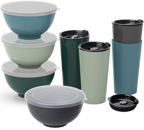 Greentainer Juego de tazones y tazas de cereales grandes irrompibles con tapas, juego de 4 tazas de café de viaje ligeras de plástico, aptas para lavavajillas y microondas, vajilla de camping,