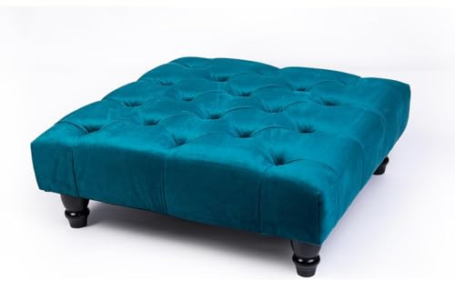 Kiswa collection Chesterfield Footstool - Plush Velvet Upholstered Pouffe with Wood Legs, Elegant Coffee Table Footrest, Matching Buttons, Stylish Home Decor (teal, 25D x 60W x 60H cm)