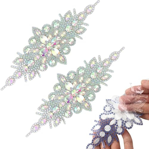 PEARLY JUN 2 Pcs Silber AB Selbstklebend Handgefertigte Strass Applikation | Flower Glass Rhinestone Applique Näh Applikationsaufnäher mit Kristallen Strass Applikation für Brautkleid DIY Dekoration