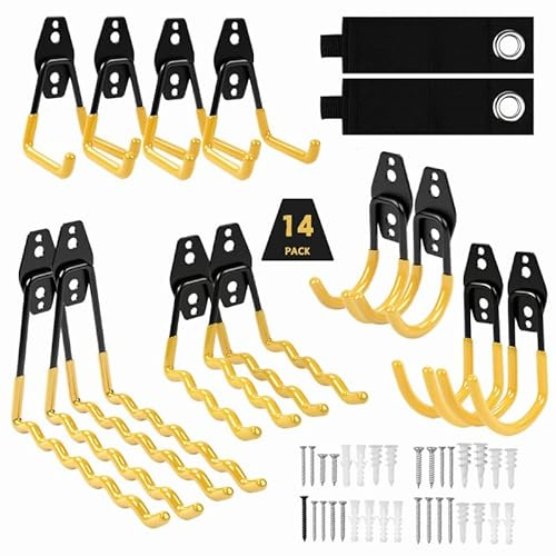 Qukaim Ganchos para garaje de alta resistencia, juego de 14 ganchos plegables para sillas, montaje en pared con organizador, para colgar herramientas eléctricas, sillas, mangueras, bicicletas