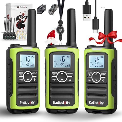 Radioddity PR-T8 Walkie Talkie per bambini, radio PMR446 ricaricabile a lungo raggio con chiamata di gruppo, batteria da 2000 mAh, ricarica USB-C, per escursionismo e campeggio, confezione da 3 pezzi