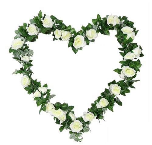 Probuk 2 pezzi Ghirlande di Rose Artificiali in Seta | Rampicanti Finti con Rose e Foglie di Eucalipto | Per Decorazione Matrimoni, Parete, Tavolo, Arco e Casa | Riutilizzabile 16 Fiori in Bianco