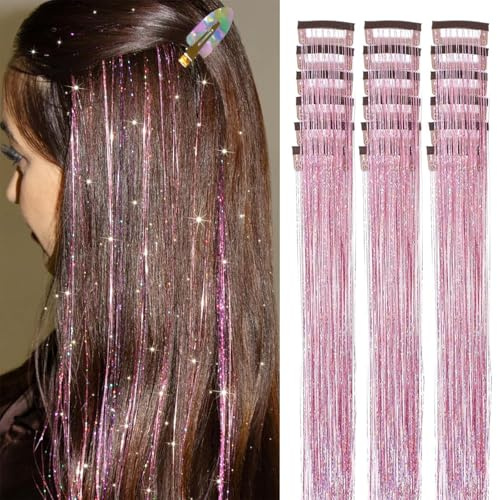 Pinkes Haarlametta 18 pcs Clip in Haarlametta Set für Mädchen 20 Zoll lange Glitzer Haarverlängerungen Hitzebeständige farbige Haarverlängerungen für Kinder Festival Accessoires