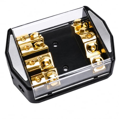 Sinuslive SB1-4 ANL Sicherungsverteilerblock für 4 ANL-Sicherungen, 1x Eingang bis 50 mm², 4x Ausgang bis 25 mm², 24K vergoldeter Car-HiFi Stromverteilerblock