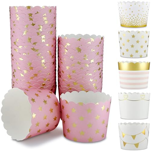 Frau WUNDERVoll® 25 Muffin Backformen rosa gold (metallic) Sterne Durchmesser 6,1 cm/goldene Muffins Muffinbackform Muffinform Form Backförmchen Cupcake Formen Förmchen Papier Cupcakeformen