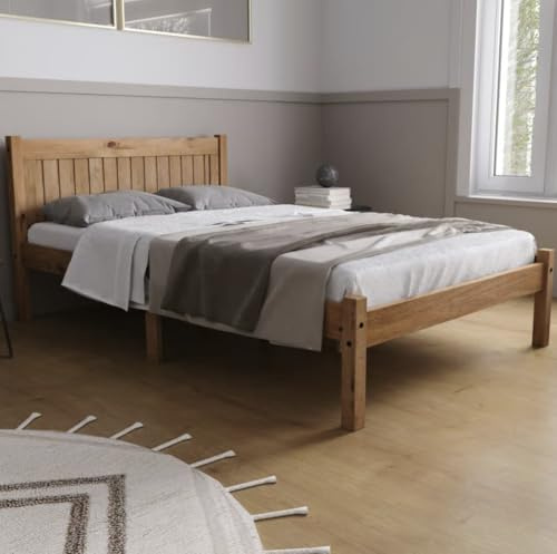 happybeds Rio Wooden Bed Waxed Pine Finish Traditional Frame Bedroom 4' Small Double 120 x 190 cm
