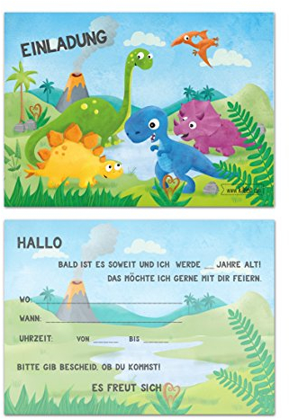 Kindergeburtstag Dinosaurier Jungen Geburtstag Einladung Dino Einladungskarten Geburtstagseinladung Kinder Urzeit mit T-Rex, Triceratops, Flugsaurier - Set zu 10 Stück