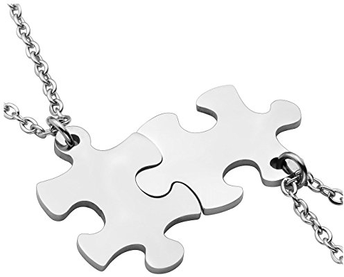 PiercingJ Personalized Gravur 2 Stücke Edelstahl 25 * 17mm Puzzle Anhänger Halskette Freundschaftsketten Partner-Anhänger mit 24 Kette für Herren Damen, Silber