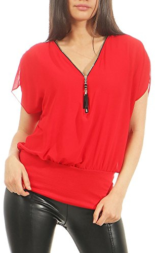 Malito Damen Kurzarm Bluse im Fledermaus Look | Tunika mit Zipper | T-Shirt mit breitem Bund | Shirt - elegant 6298 (rot)