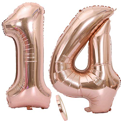2 Luftballons Zahl 14, Nummer 14 Luftballon Rosegold Mädchen,40 Aufblasbar Helium Folienballon Roségold Ballons Figuren,Riesen ballon für Geburtstag Party Dekoration, Abschlussball (xxxl 100cm)