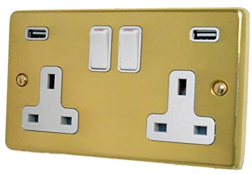 G&H CB910W Standard Plate Polished Brass 2 Gang Double 13A Switched Plug Socket 2.1A USB