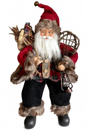 Garden Market Place 45cms Tall Sitting Father Christmas Figure With a Sack, Snow Shoes and Lamp- Rustic Santa Style