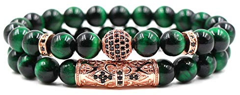 ADGJL Bracelet Pierre Naturelle, 7 Chakra Naturel Oeil De Tigre Pierre Élastique Bracelets Perles En Or Rose Bracelet Vert Boho Diffuseur Pave Setting Zircon Bijoux Femmes Hommes Cadeau 2 Pcs