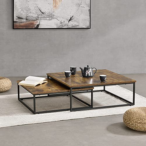[en.casa] Couchtischset Haninge 2er Set Sofatische Wohnzimmertische 2-TLG. Stahlgestell Dunkler Holzton