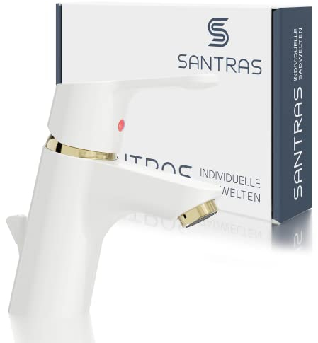 SANTRAS® Waschtischarmatur für das Bad mit Zugstange in Weiß (RAL 9003)/Gold – Einhebel-Mischarmatur warm kalt für ein Loch Waschbecken Wasserhahn MADE IN GERMANY